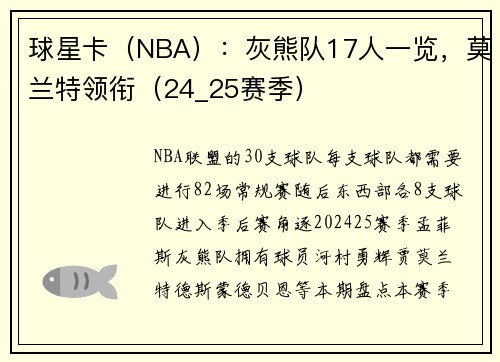 球星卡（NBA）：灰熊队17人一览，莫兰特领衔（24_25赛季）